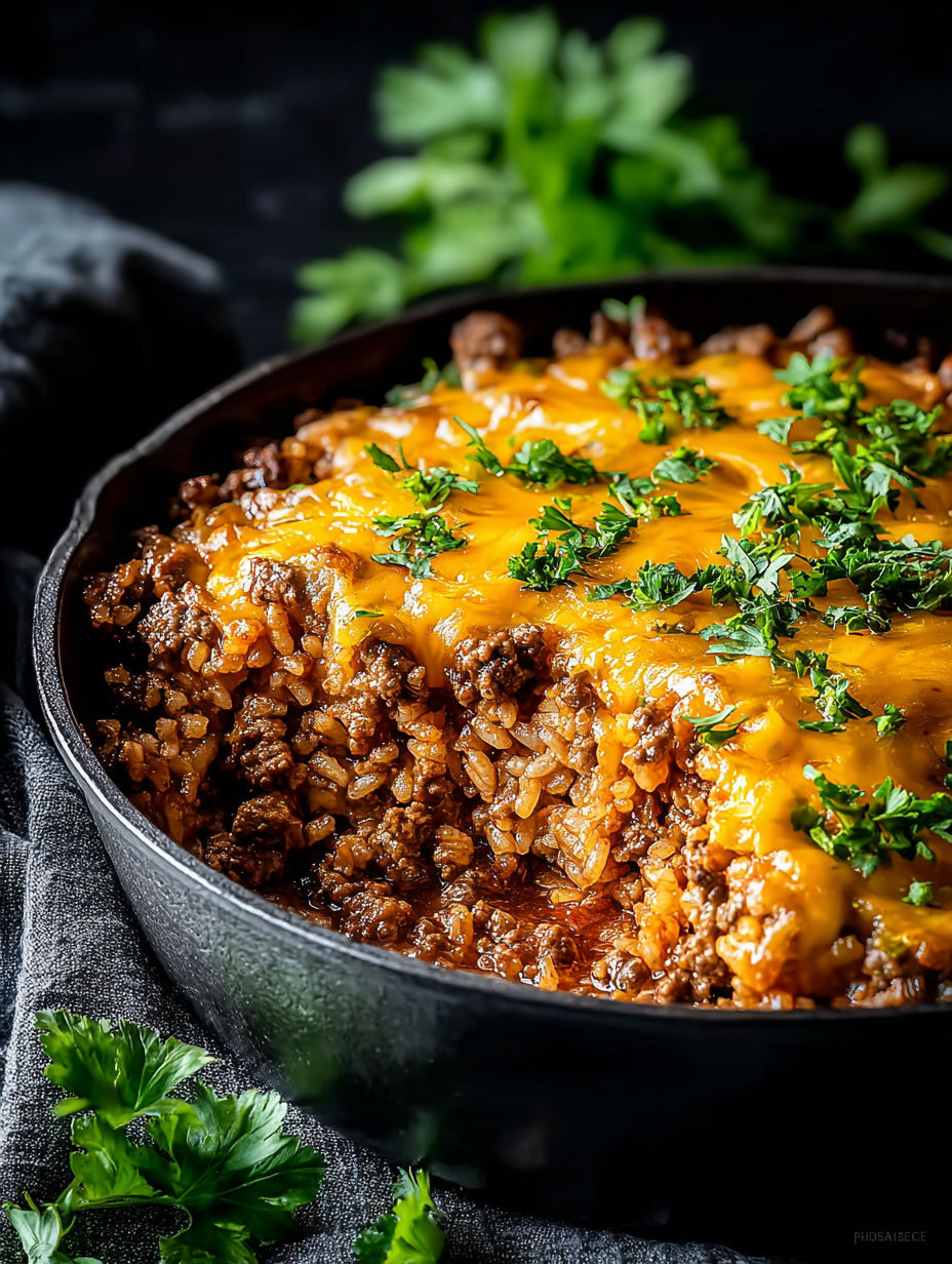 Cheesy hamburger rice bake in a black skillet.