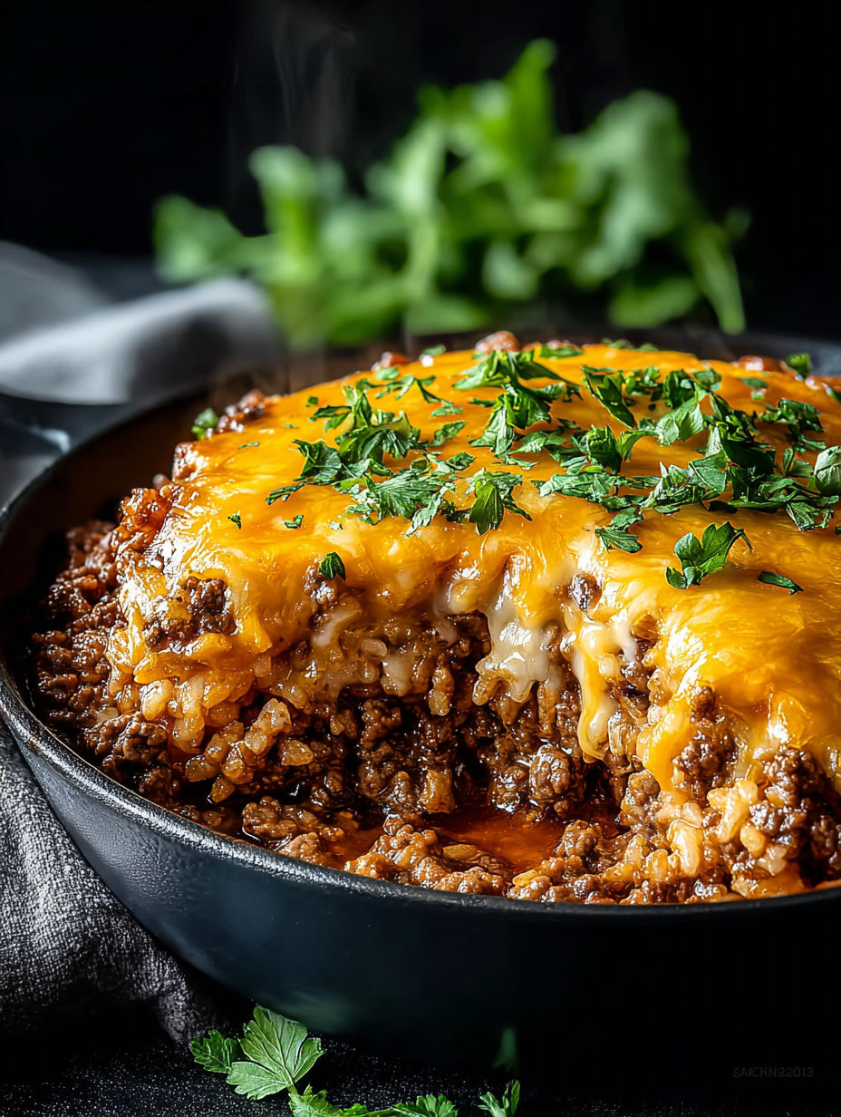 Cheesy hamburger rice bake topped with green onions.