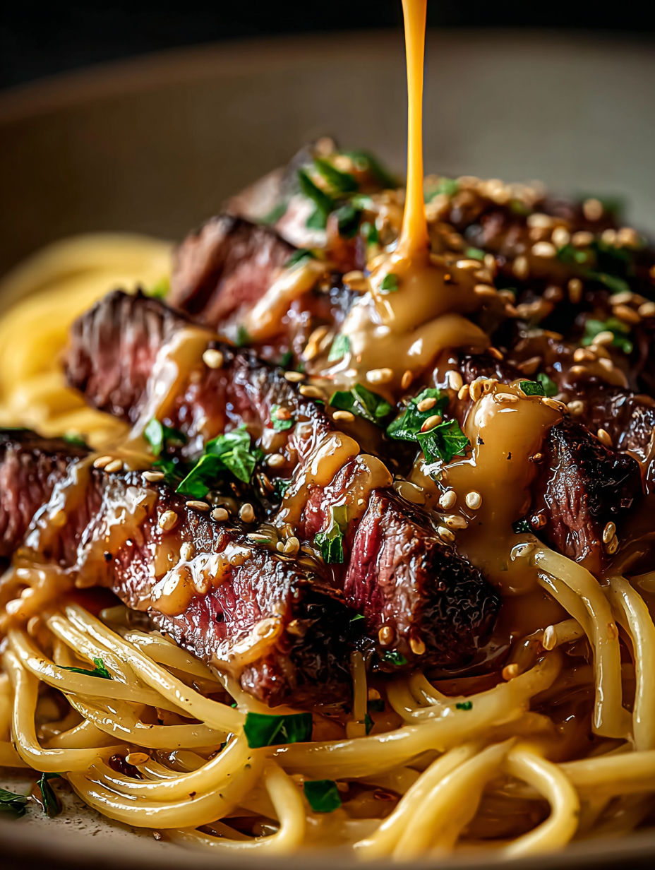 Close up shot of steak smothered in garlic butter with noodles