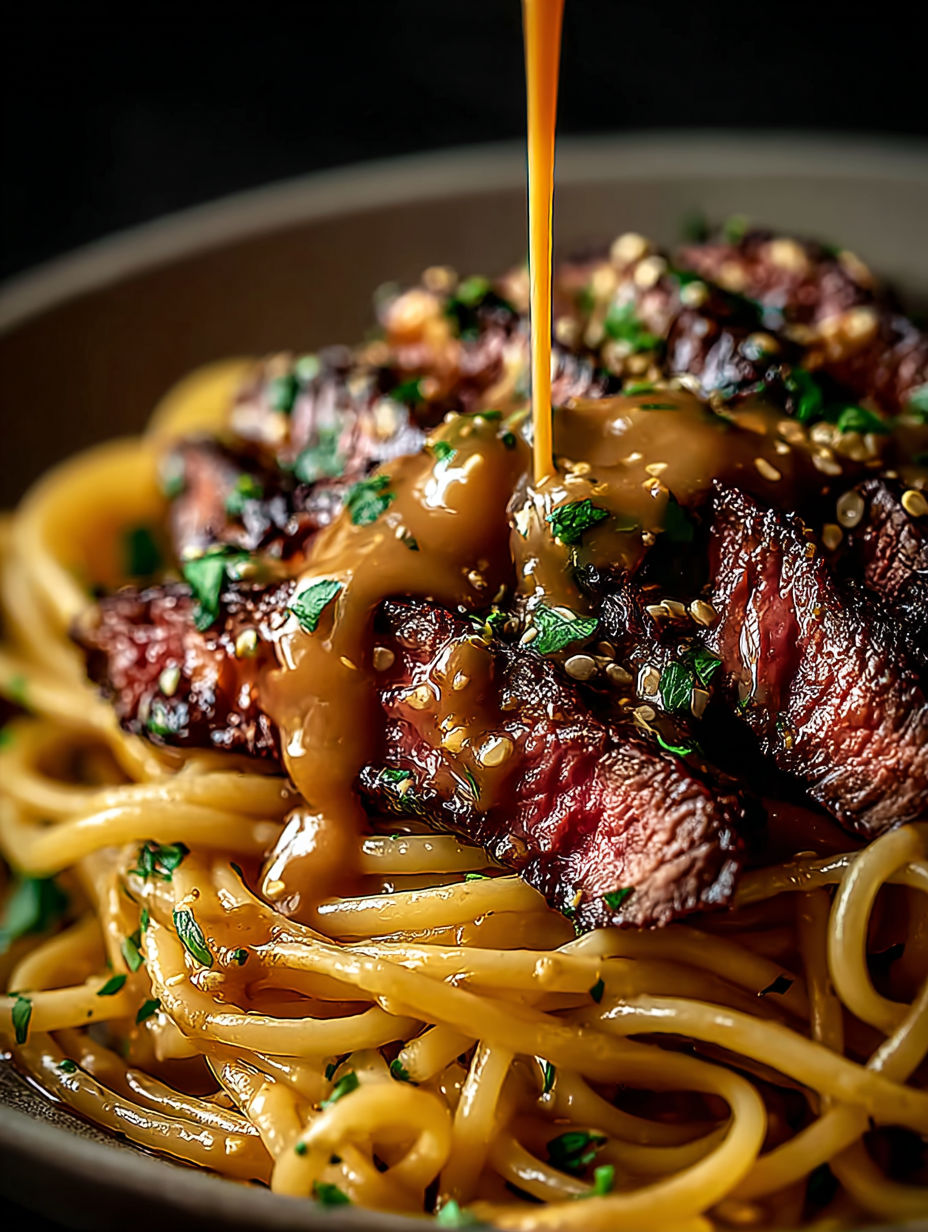 Close-up shot of steak pieces covered in garlic butter.