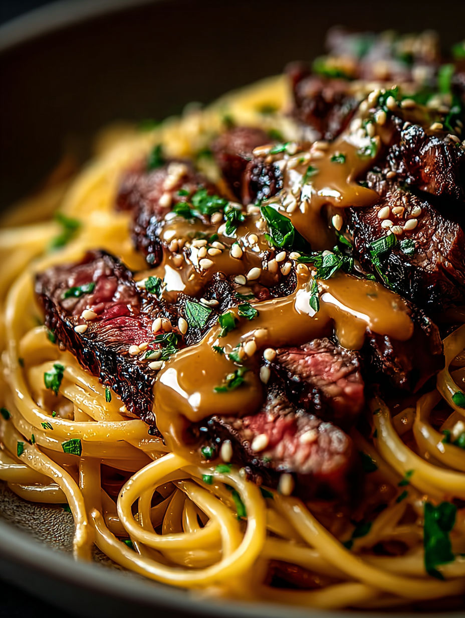 Plate with steak, garlic butter, and lightning noodles served.