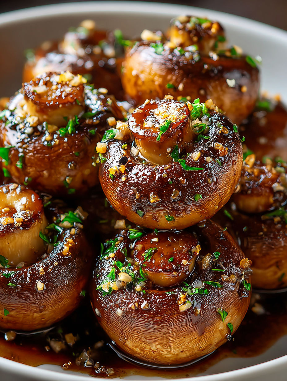 Close-up of mushrooms with garlic butter.