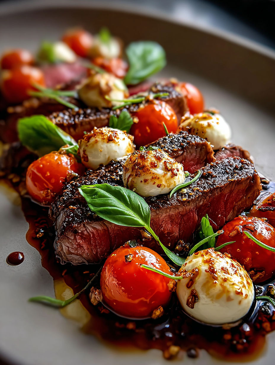 Grilled flank steak topped with tomatoes and cheese.