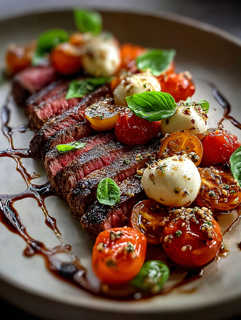 Grilled flank steak with tomatoes and cheese.