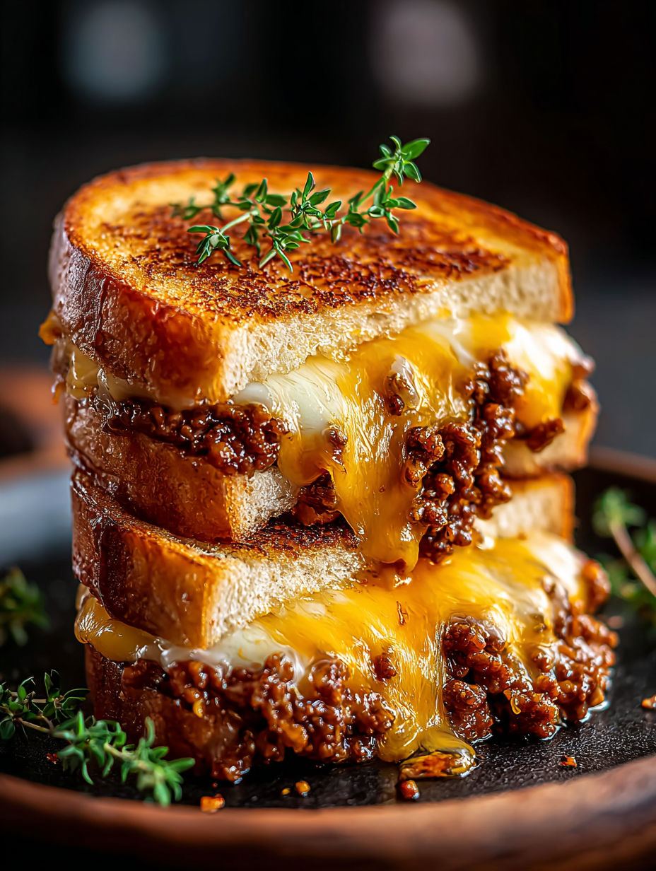 Grilled flank steak sandwich with cheese and herbs.