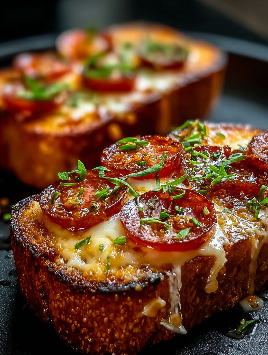 Close-up of a slice of Texas Toast Pizza.