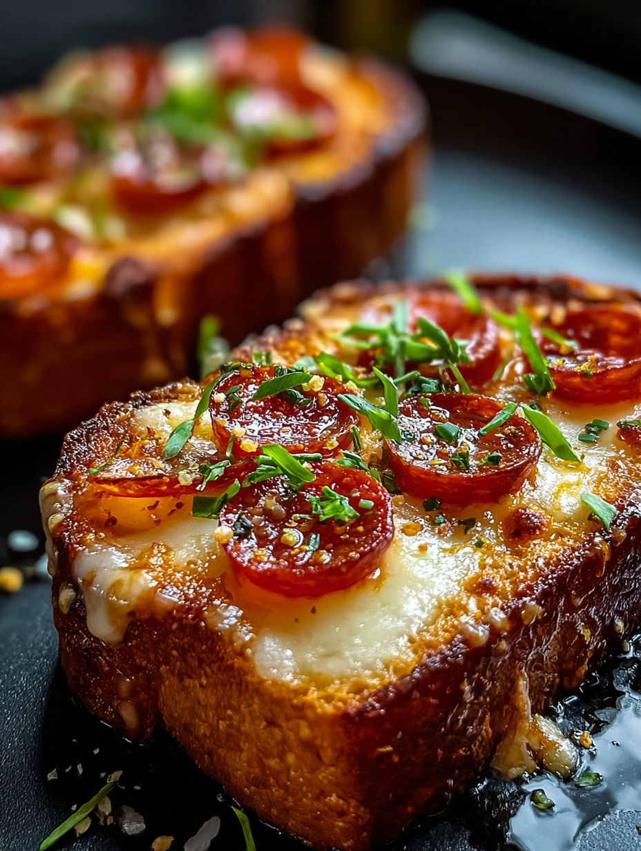 Texas toast pizza cooking inside an air fryer.