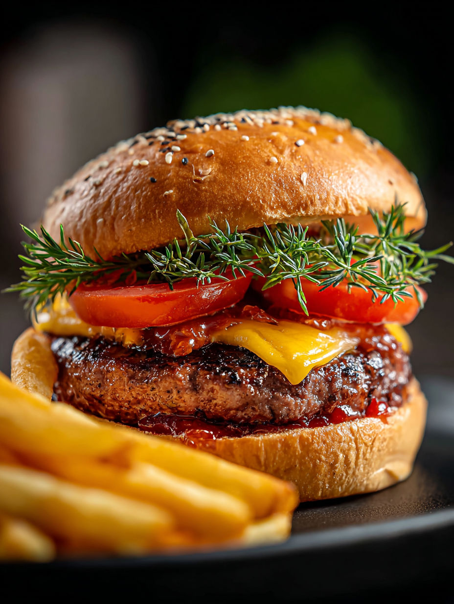 Close-up of a juicy burger topped with tomatoes and herbs.