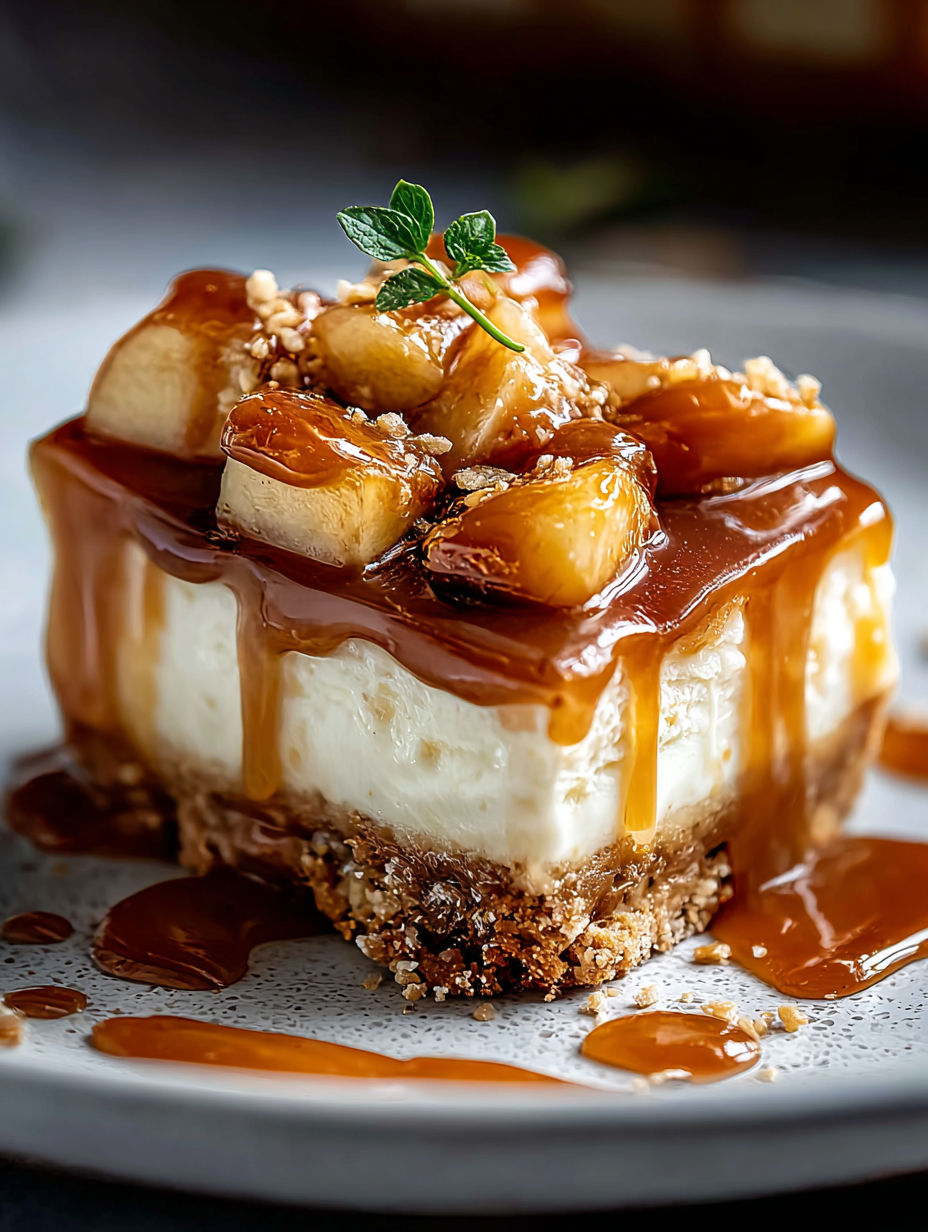 Close-up of salted caramel apple cheesecake slice