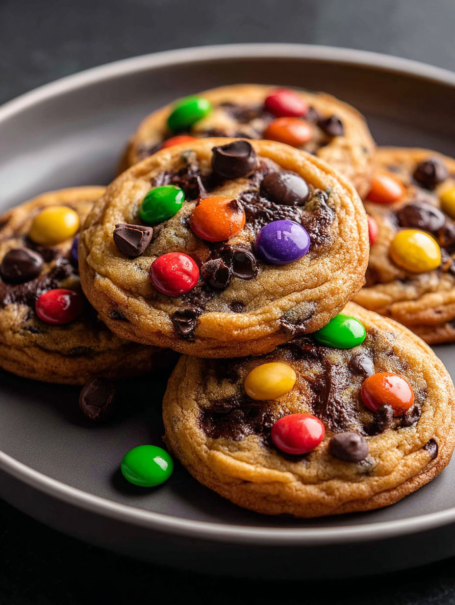 A plate of chocolate chip cookies with colorful candies on top.