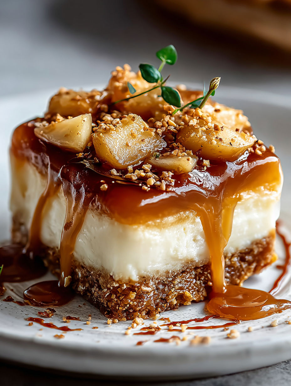 Slice of salted caramel apple cheesecake on a plate