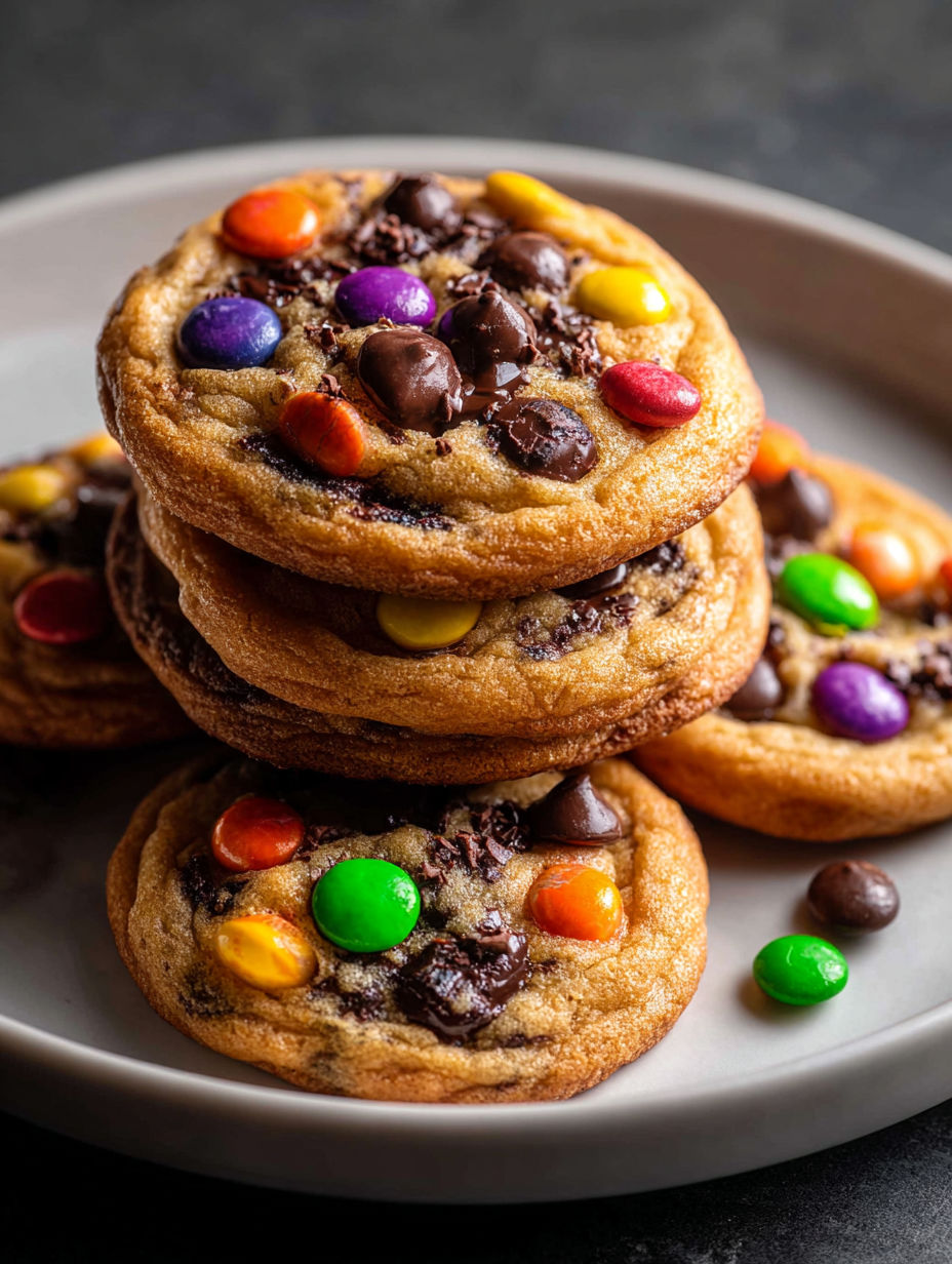 A plate of cookies with chocolate chips and rainbow colored candies.
