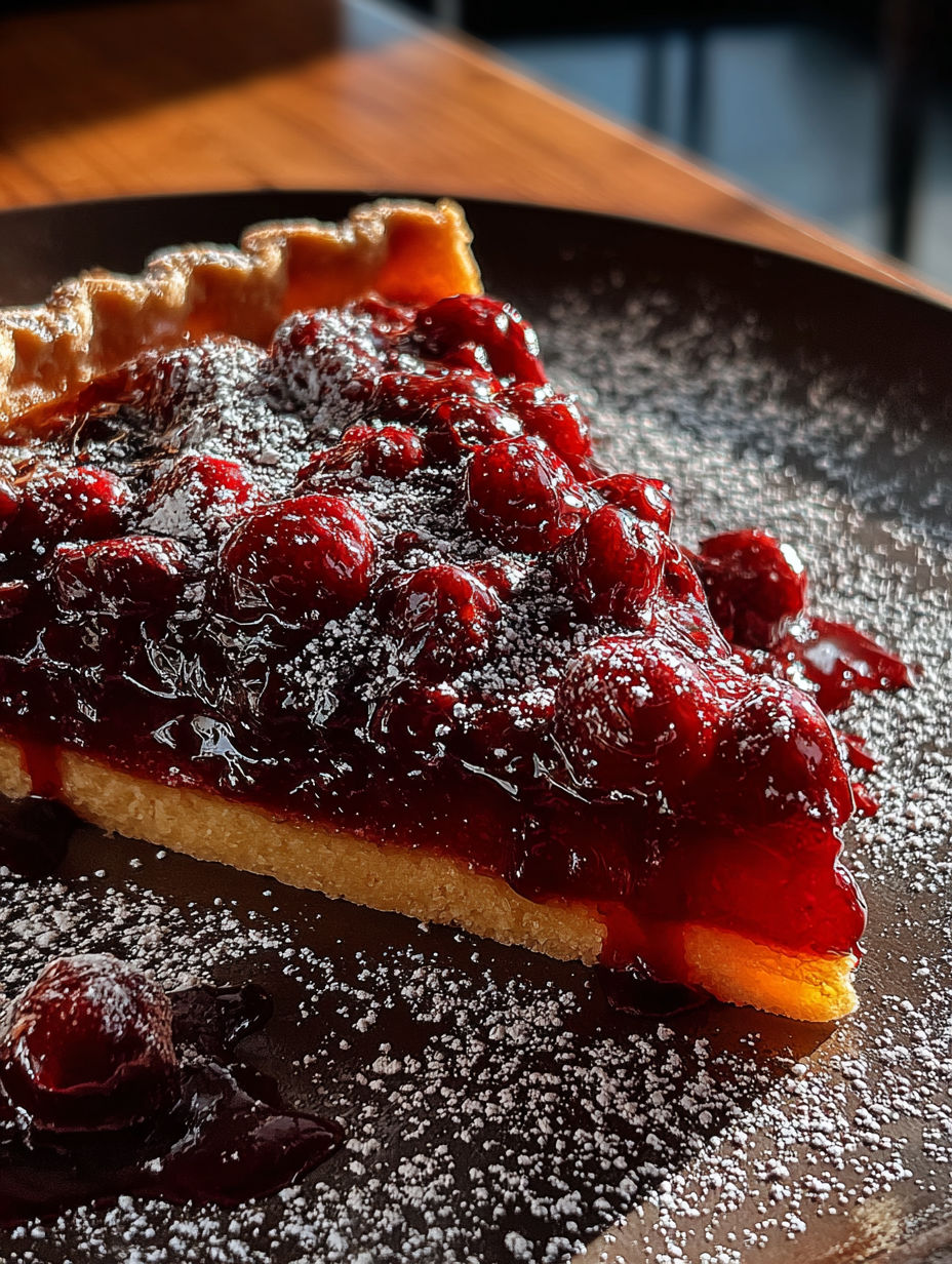 A slice of cranberry-orange curd tart.