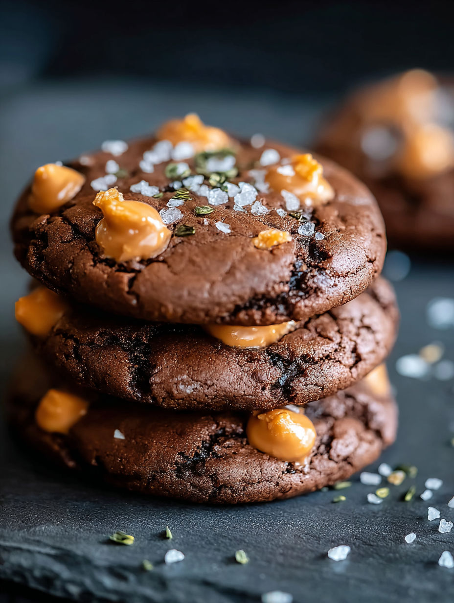 Three stacked chocolate cookies with peanut butter and salt.