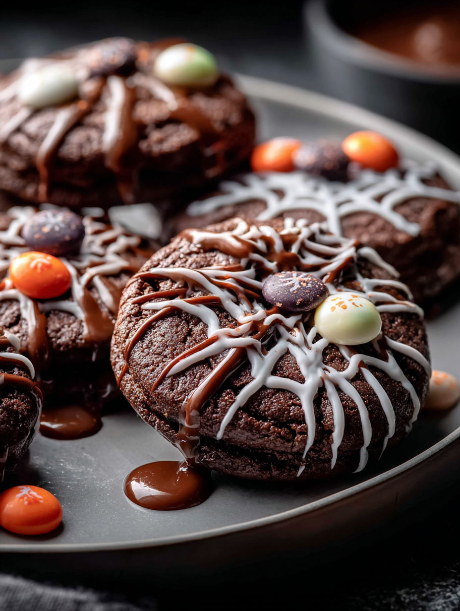 Chocolate cookies with white icing and candy decorations.
