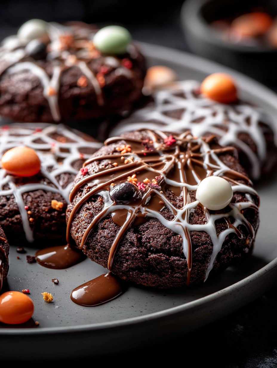 Chocolate cookies with white icing and orange candies.
