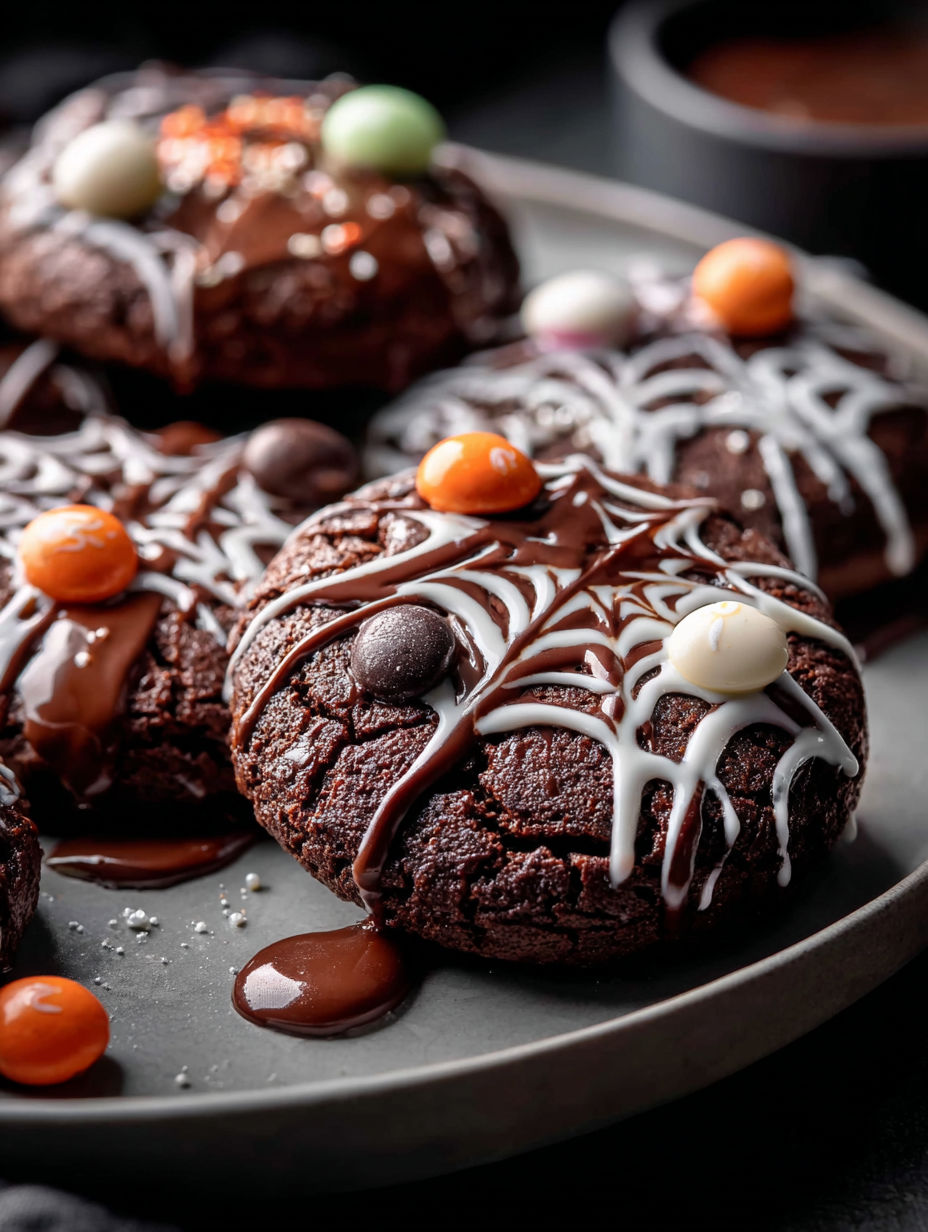 Spiderweb chocolate cookies with white and orange decorations.