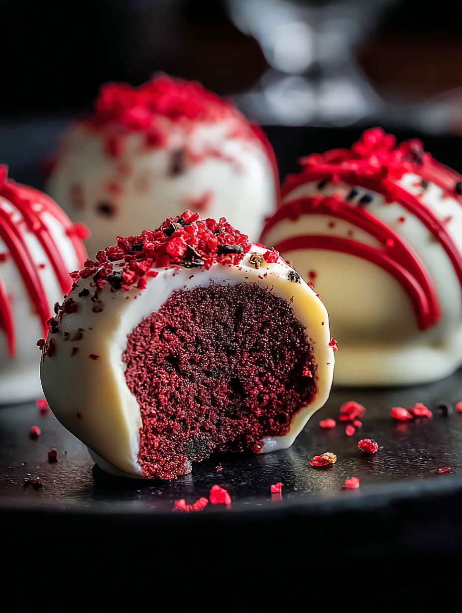 Red velvet cake balls stacked on a dark plate.
