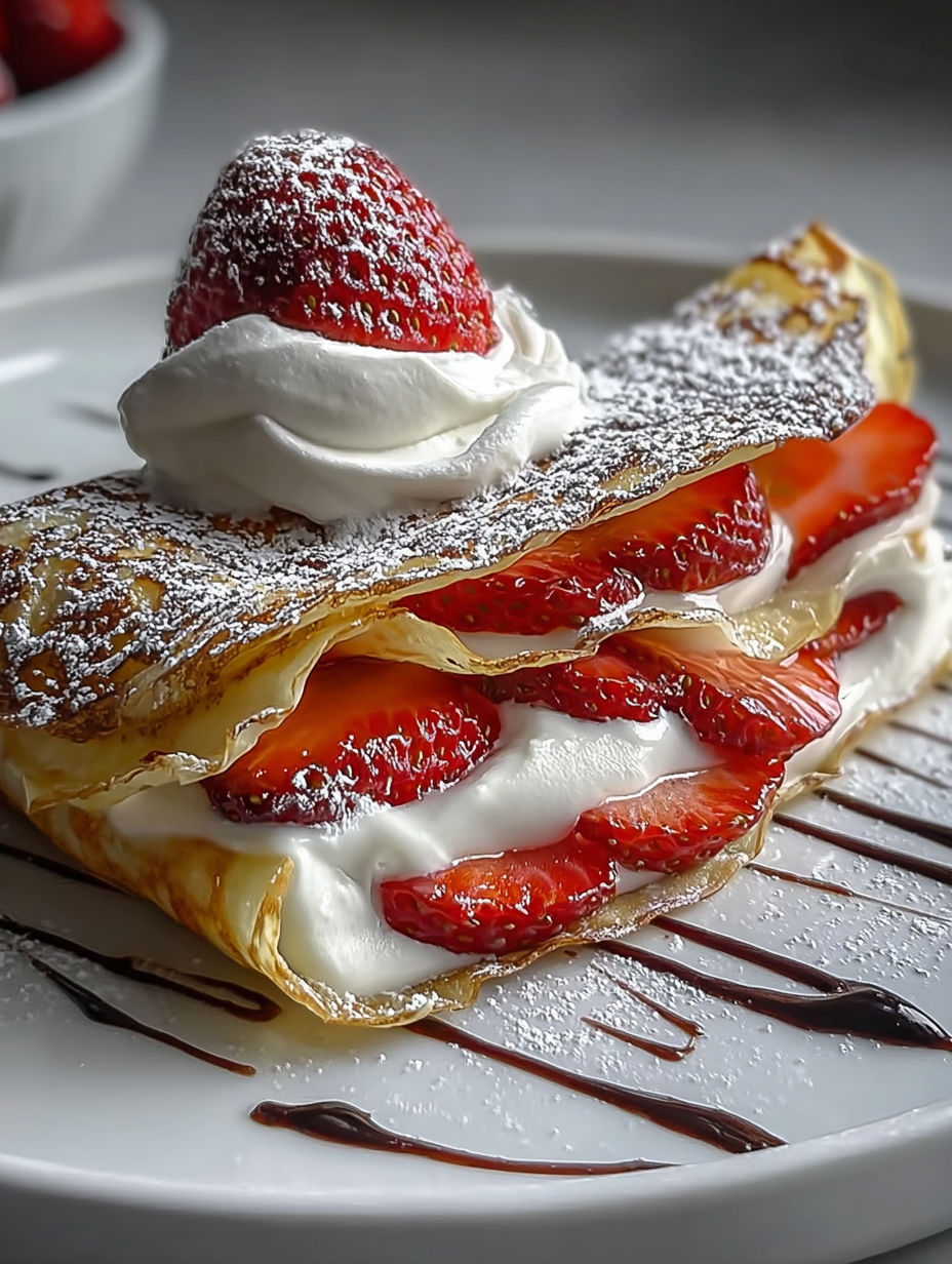 Strawberry crepe topped with whipped cream and fresh strawberries