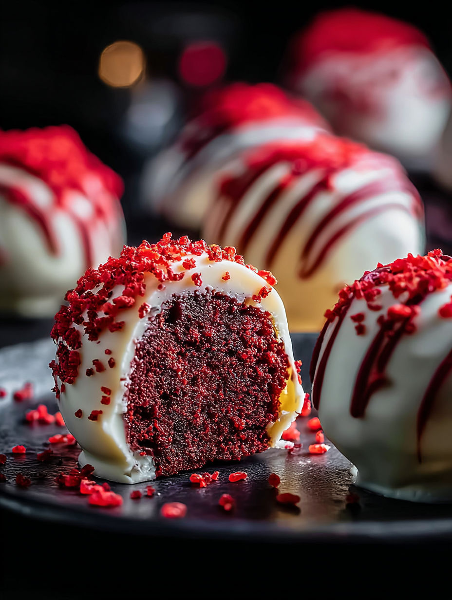 Red velvet cake pops on a black plate.