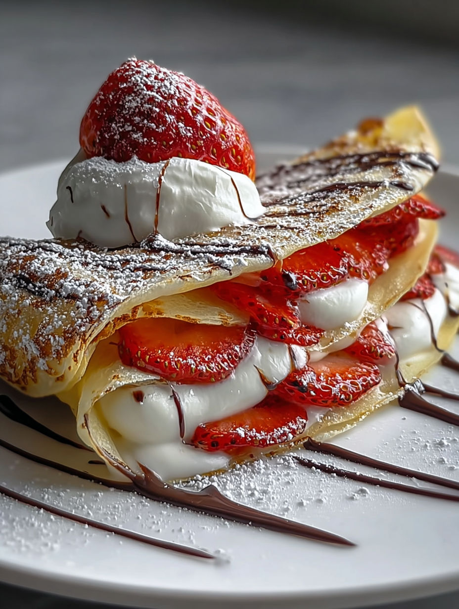 A creamy strawberry crepe with whipped cream and chocolate drizzle.