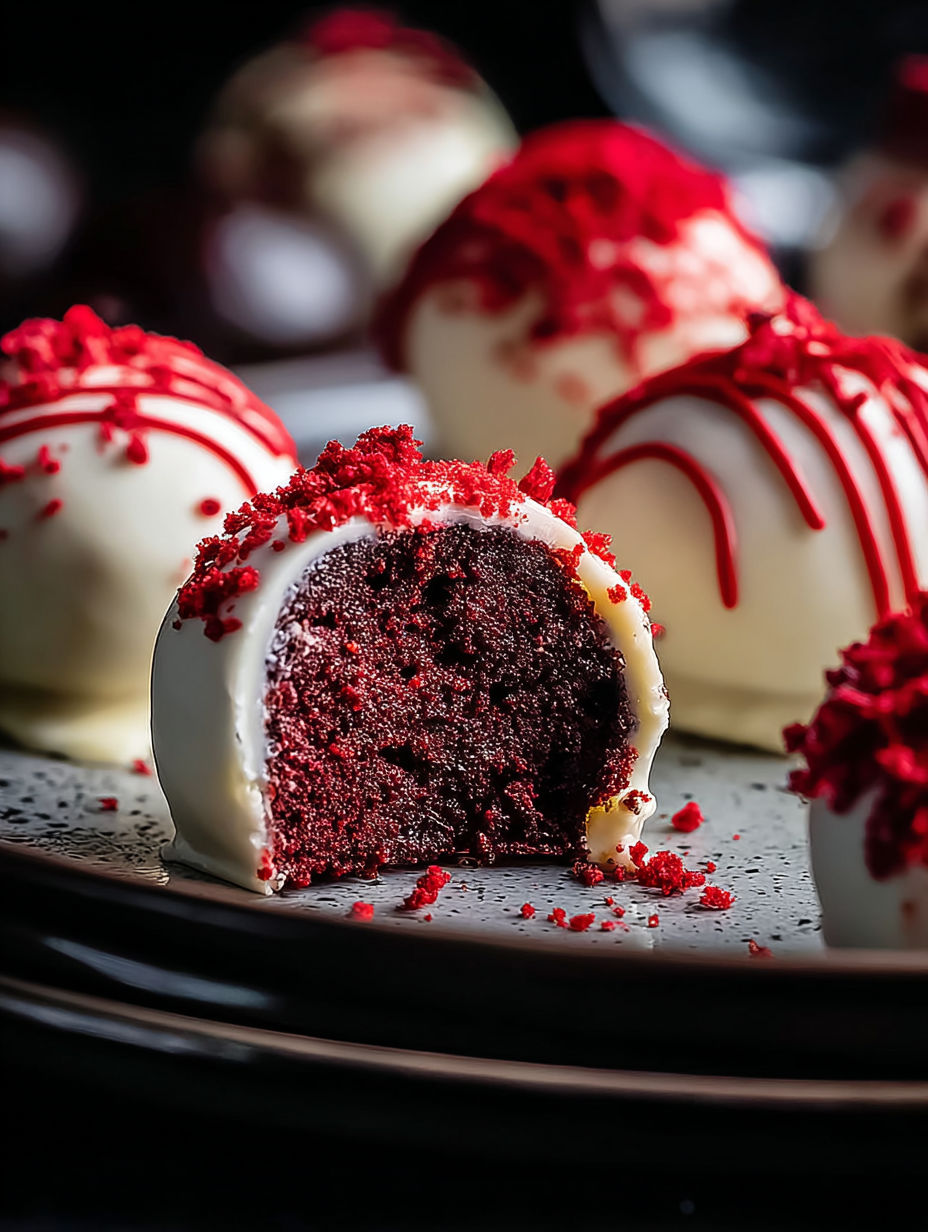 Red velvet cake pops on a plate.