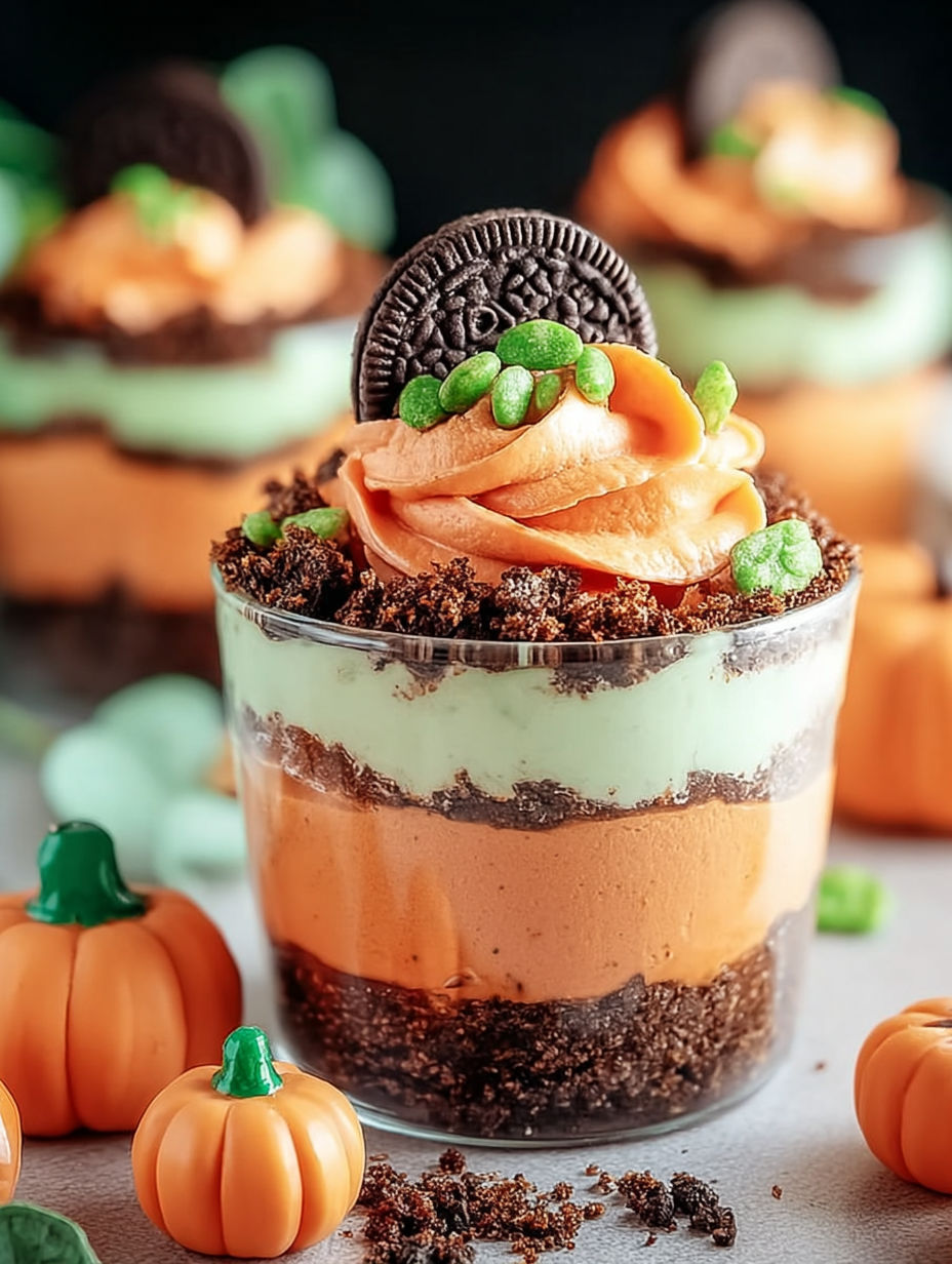 A cup of pumpkin patch dirt with a cookie on top.