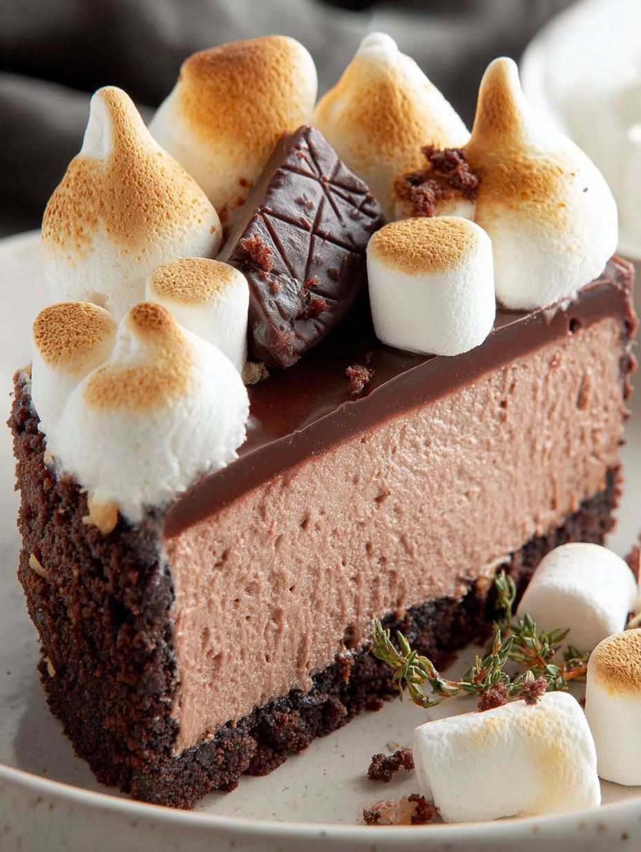 A slice of chocolate cheesecake with marshmallows on top.