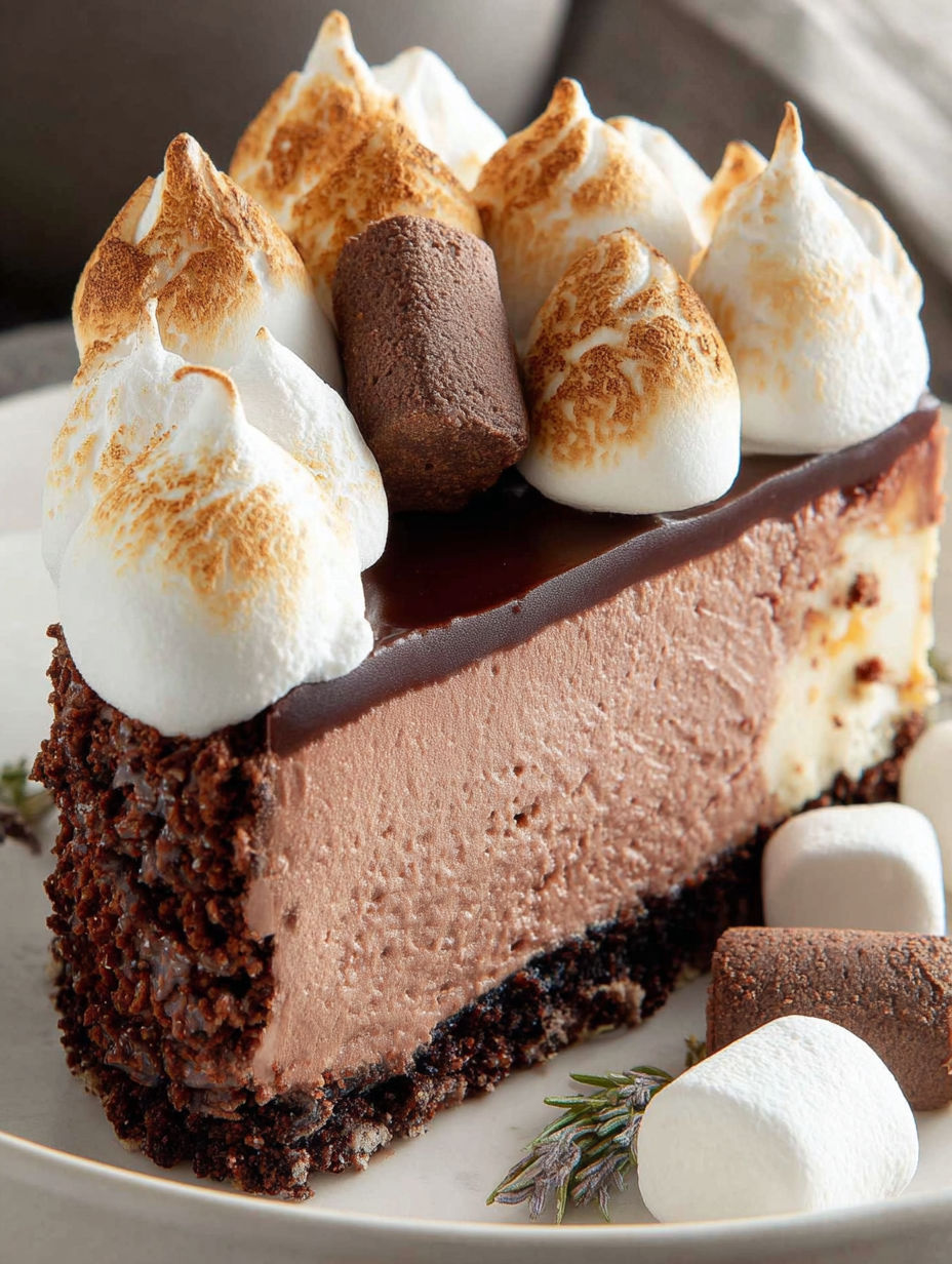 A slice of chocolate cheesecake with marshmallows on top.
