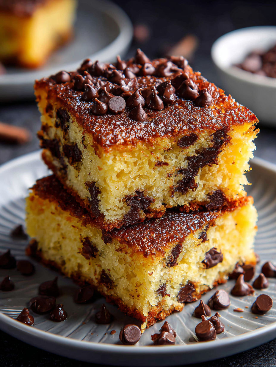A slice of chocolate chip cake.
