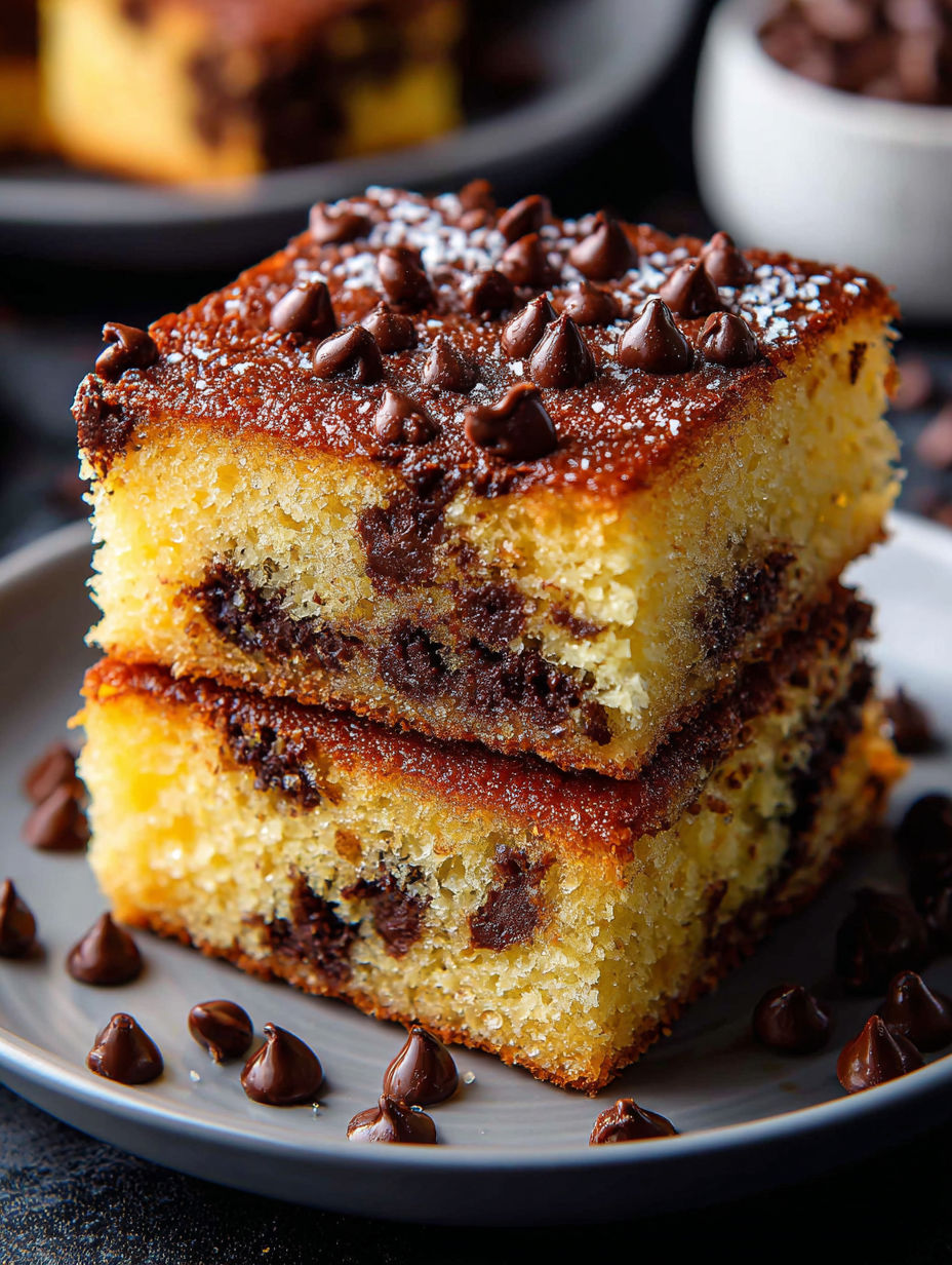 A slice of chocolate chip cake.
