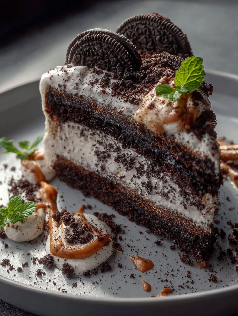 A slice of cookies and cream cake.