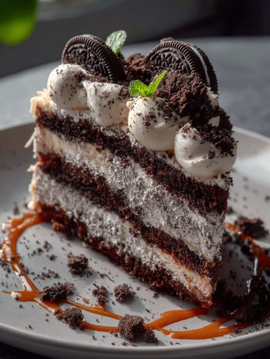 A slice of cookies and cream cake.