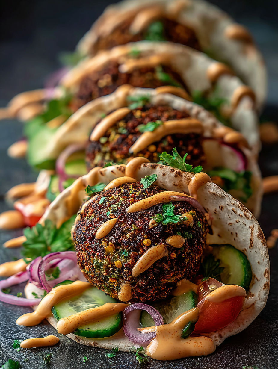 Mini falafel wraps with sauce and vegetables.