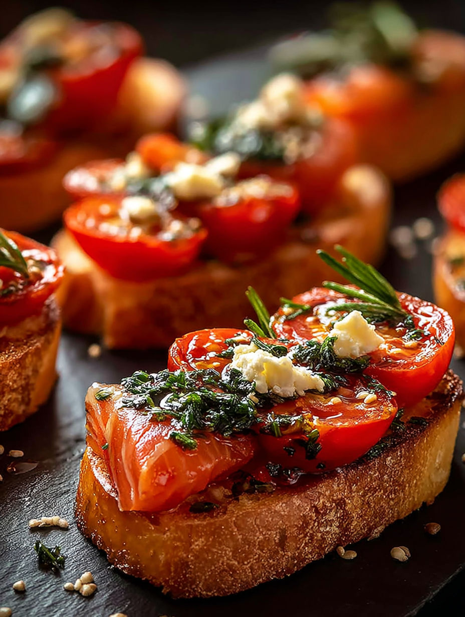 A crostini with tomatoes and basil on top.