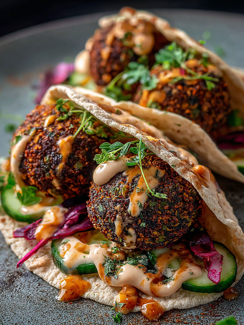 Mini falafel wraps with sauce and vegetables.