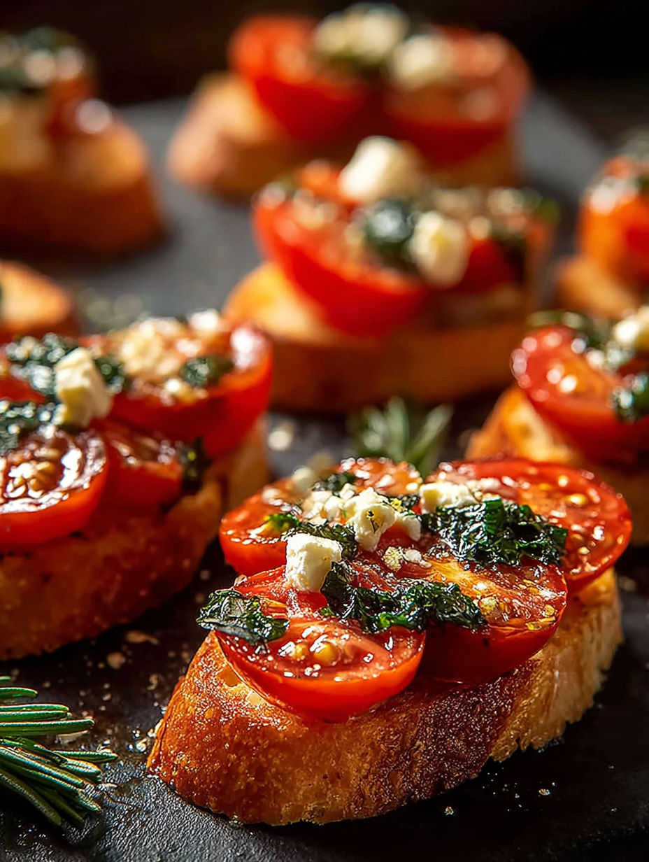 Plate filled with tomato and basil crostini.
