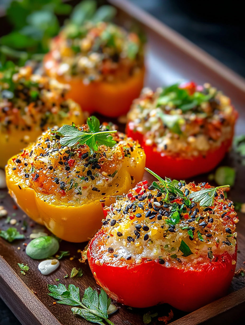 Four stuffed mini peppers on a wooden cutting board.