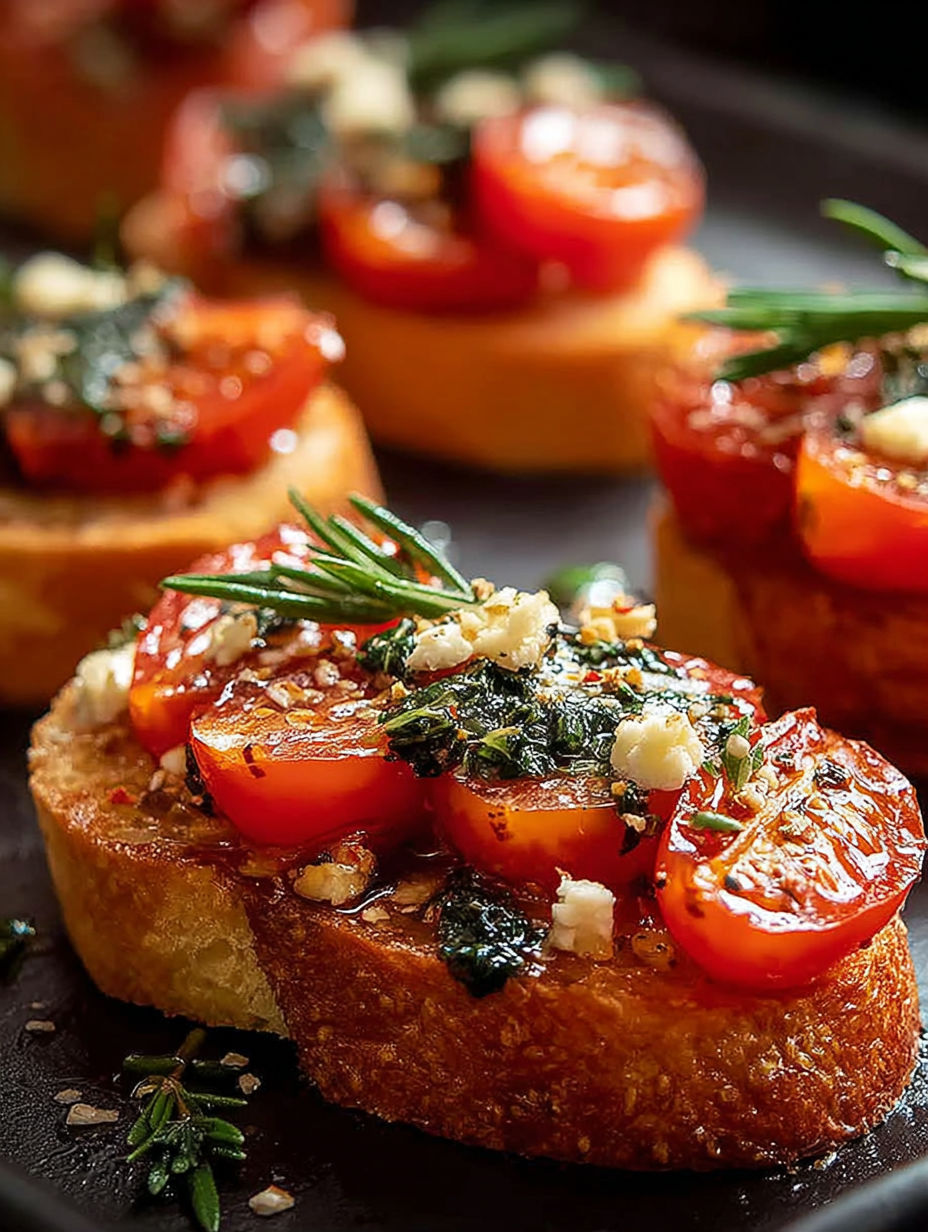 Tomato and basil crostini arranged on a plate.