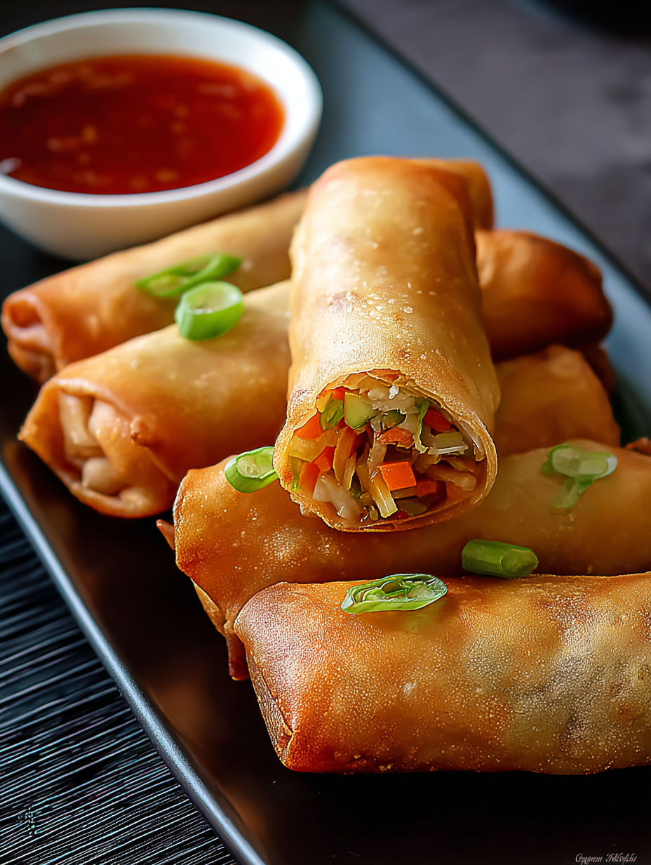 Plate holding crunchy veggie spring rolls.