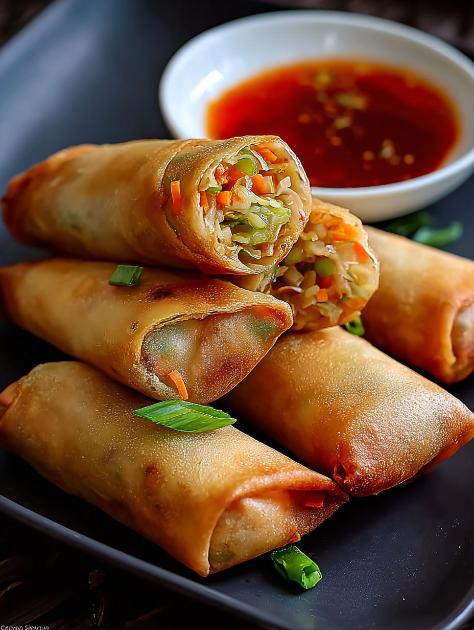 A plate of crispy vegetable spring rolls.