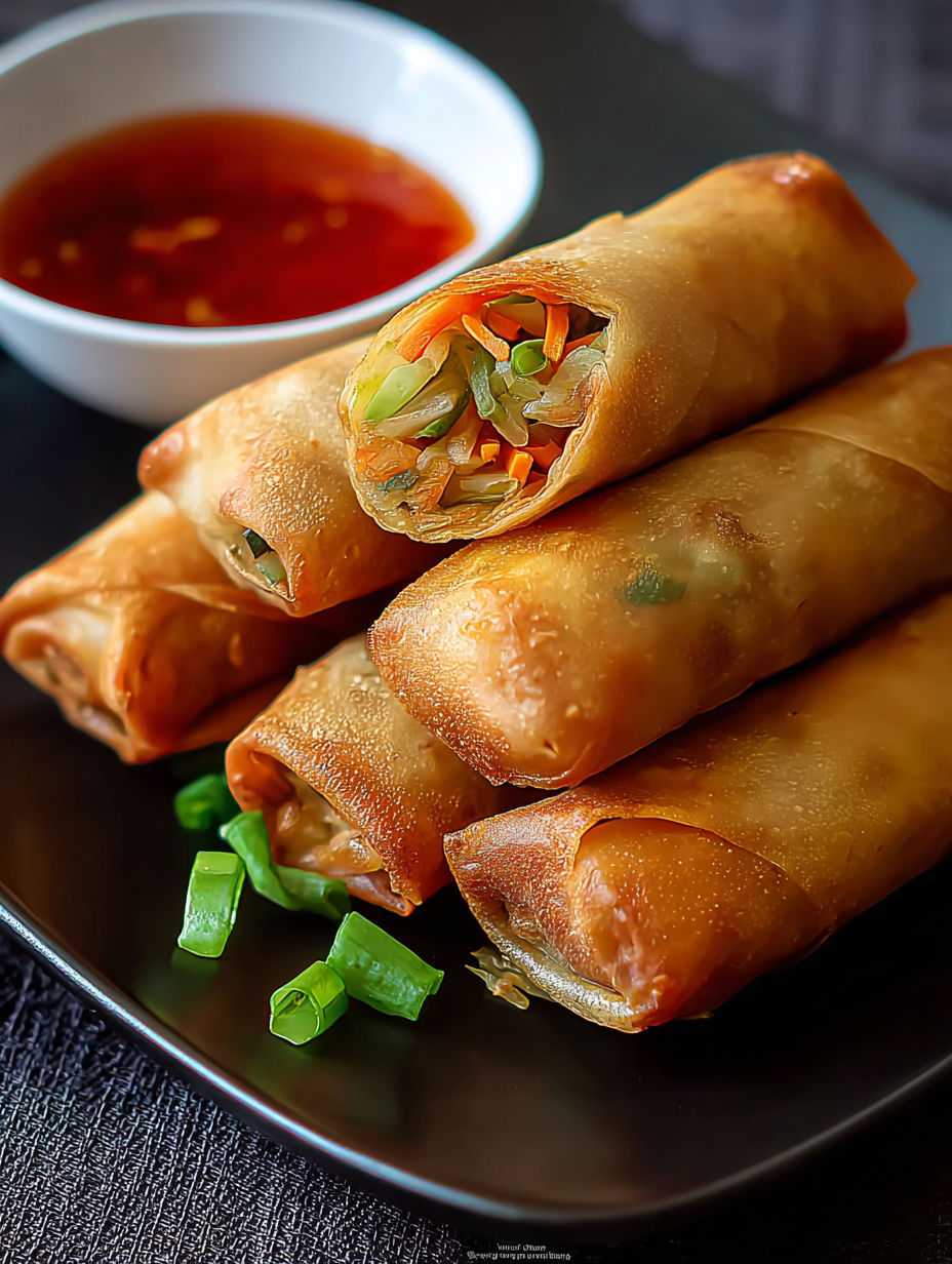 A plate of crispy vegetable spring rolls.