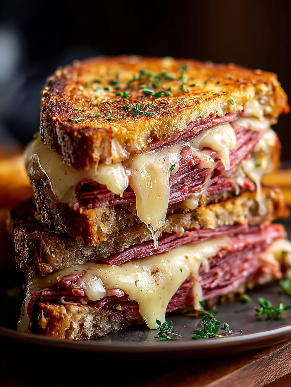 Three Reuben sandwiches stacked up.