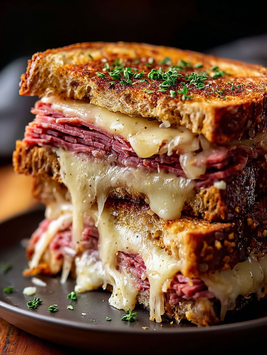 Three stacked Reuben sandwiches.