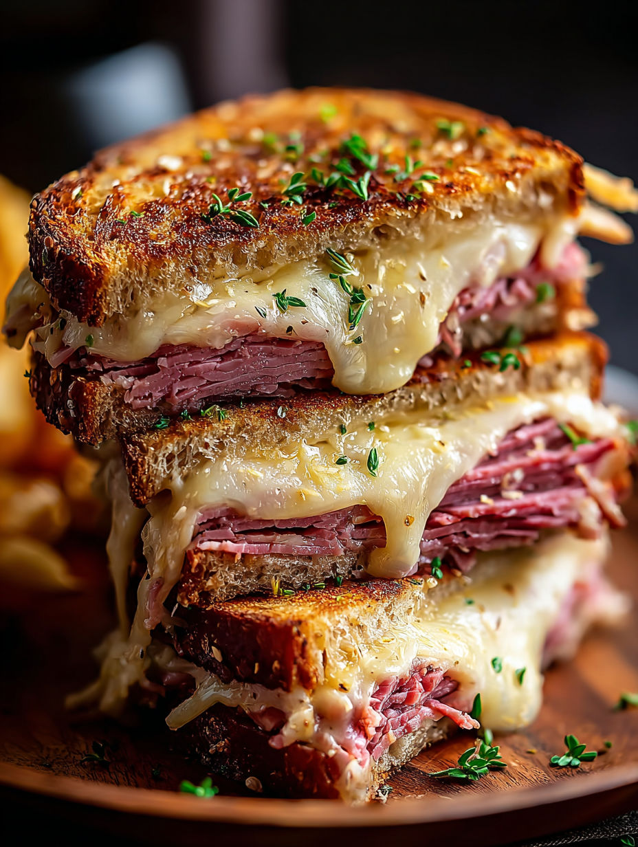 A tower of three Reuben sandwiches.