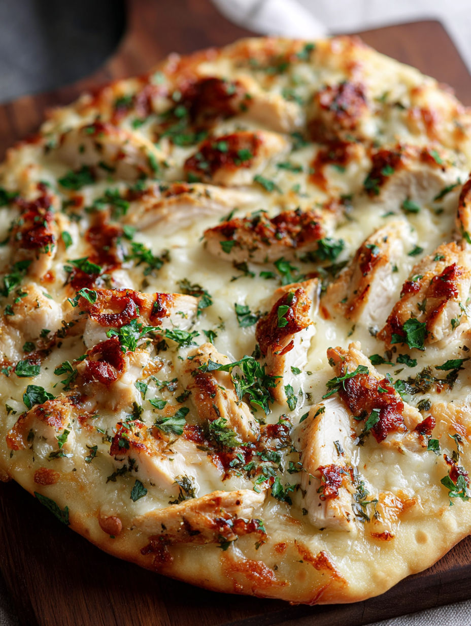 Pizza covered with chicken and melted cheese.