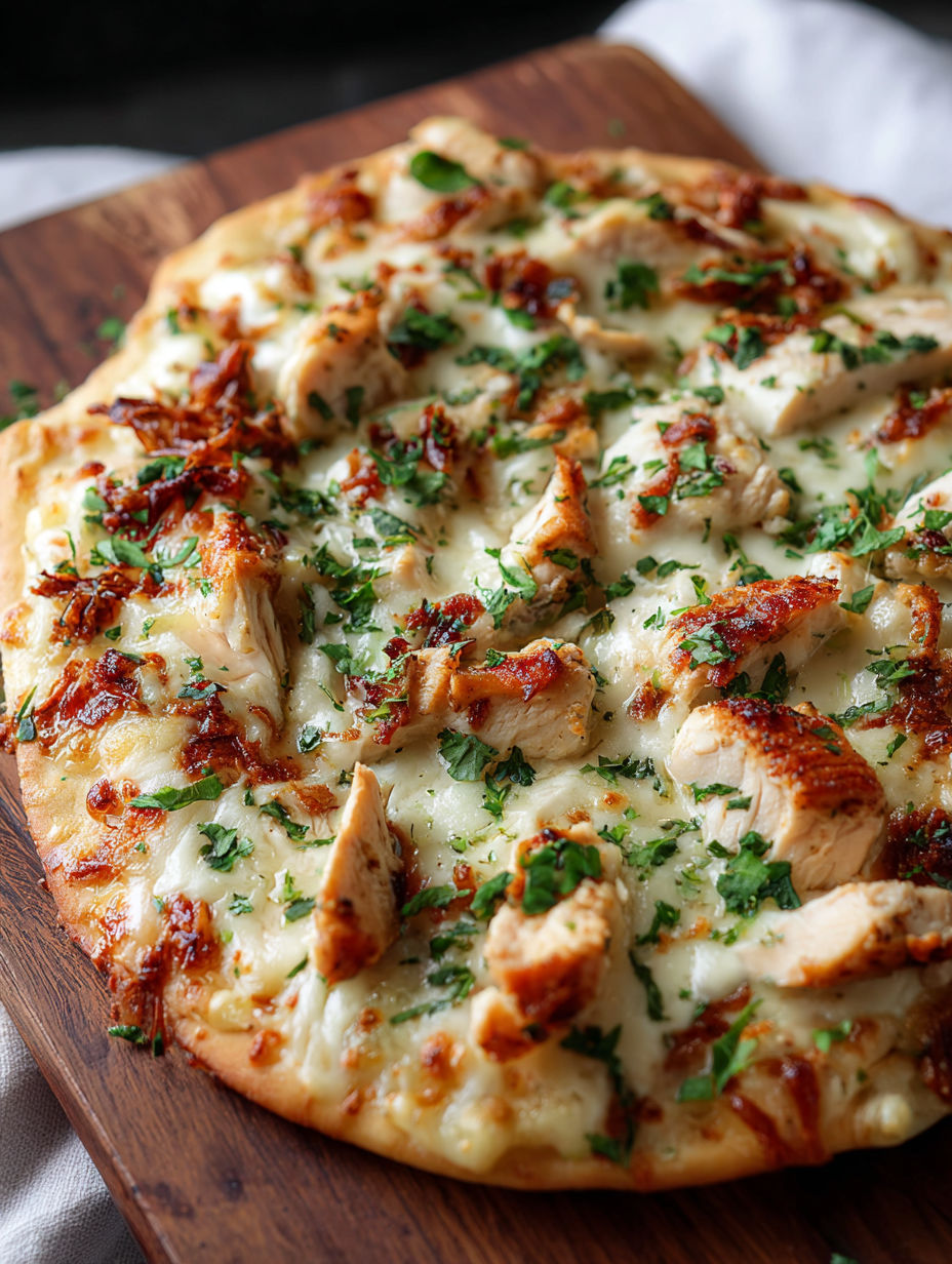 Flatbread topped with chicken and melted cheese.