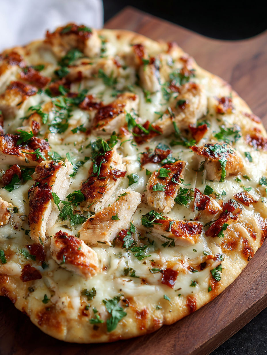 Pizza topped with chicken and melted cheese.