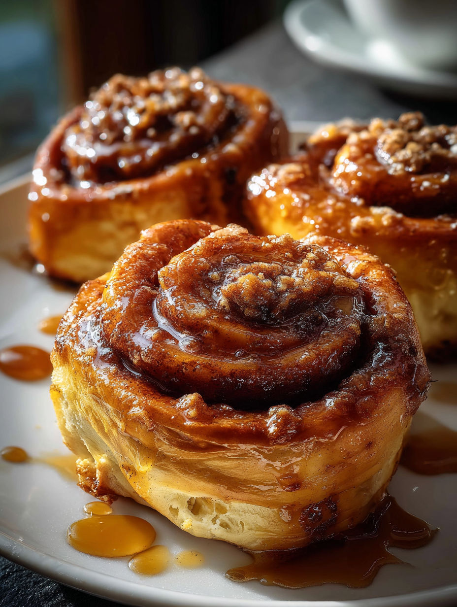 Plate with three soft coffee cinnamon rolls.