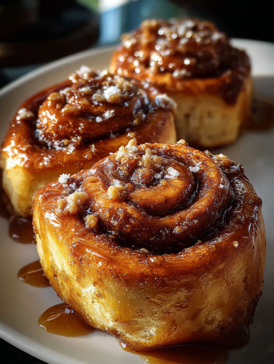 Three soft coffee cinnamon rolls on a dish.
